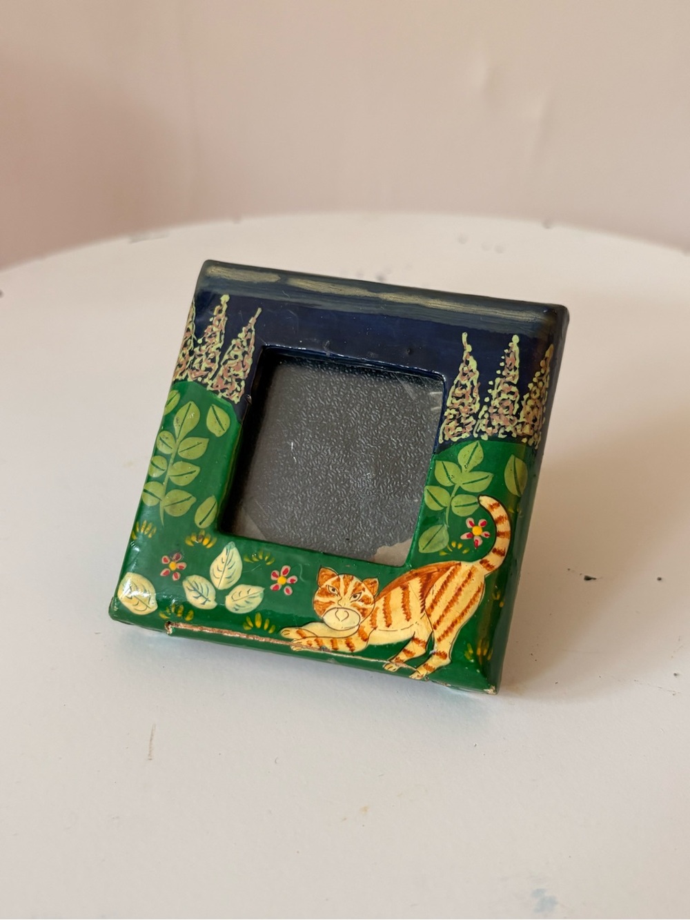 Hand-Painted Cat Mini Frame - Green & Navy Kashmiri Art